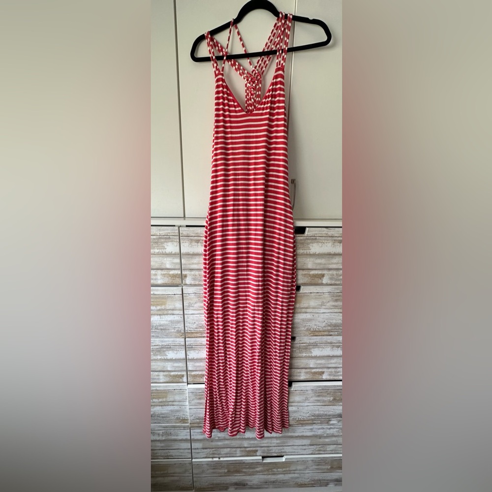 ❤️ MM MM MM Maxi Dress M Red White Stripe Strappy Back Boho